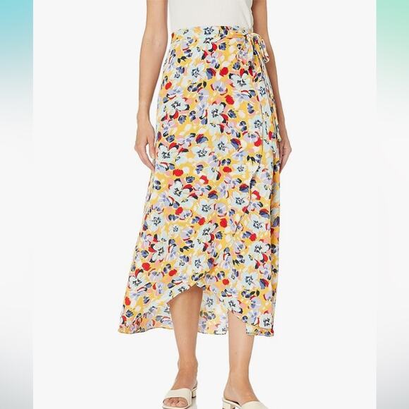 BCBGeneration Yellow Red Blue Floral Ruffle Sarong Wrap Midi Skirt, EUC, Size XS - Picture 1 of 12